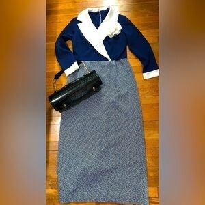 ⭐️🌟TRUE Vintage 70s Maxi Granny Dress Blue Poly Tweed White Trim XL